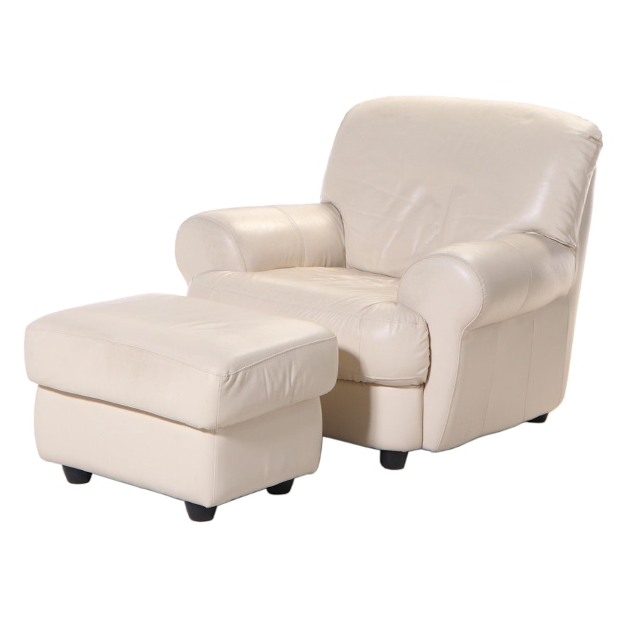 Leather Lounge Chair and Ottoman with Attached Cushions