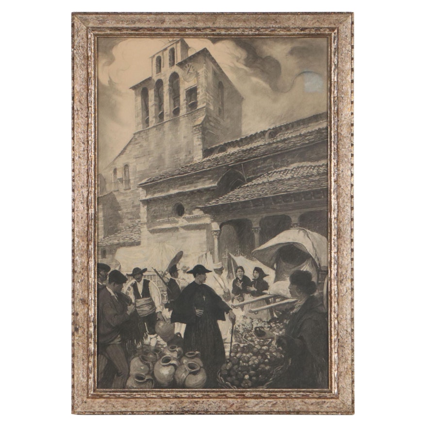 Thornton Oakley Charcoal and Gouache Drawing of Street Market