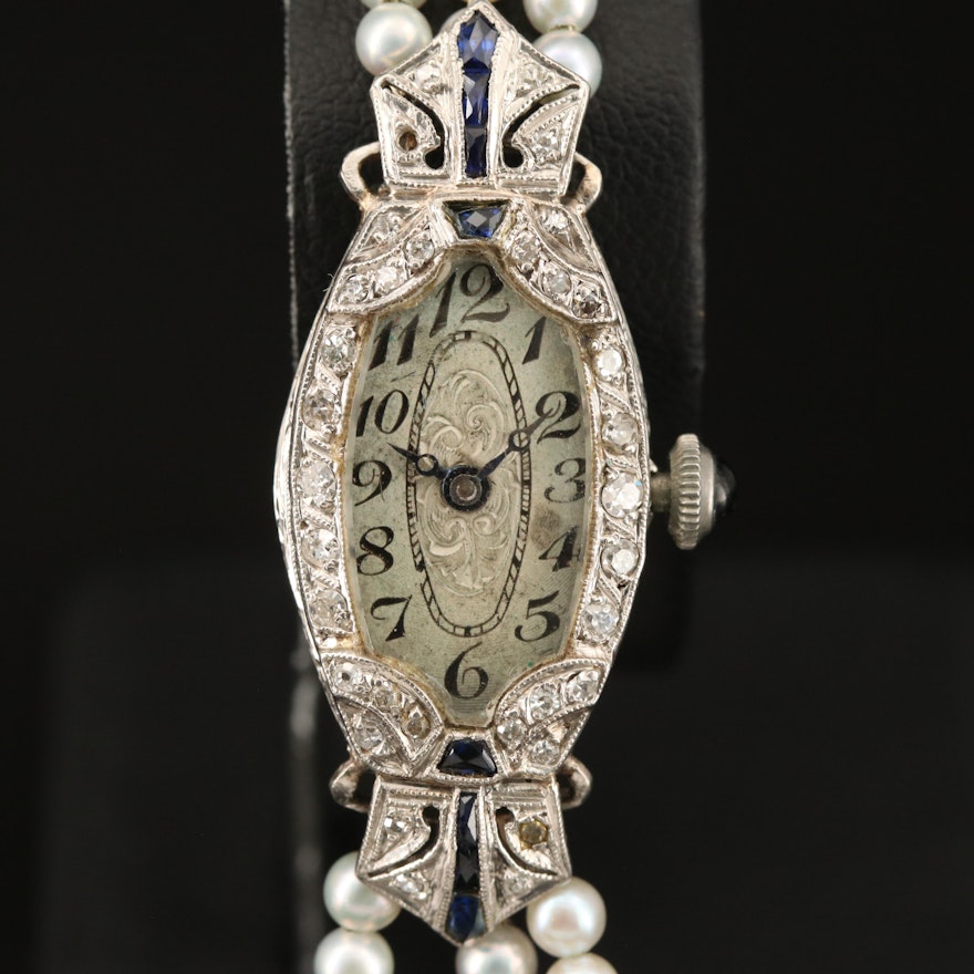 Art Deco Platinum, Diamond and Sapphire Excello Swiss Wristwatch