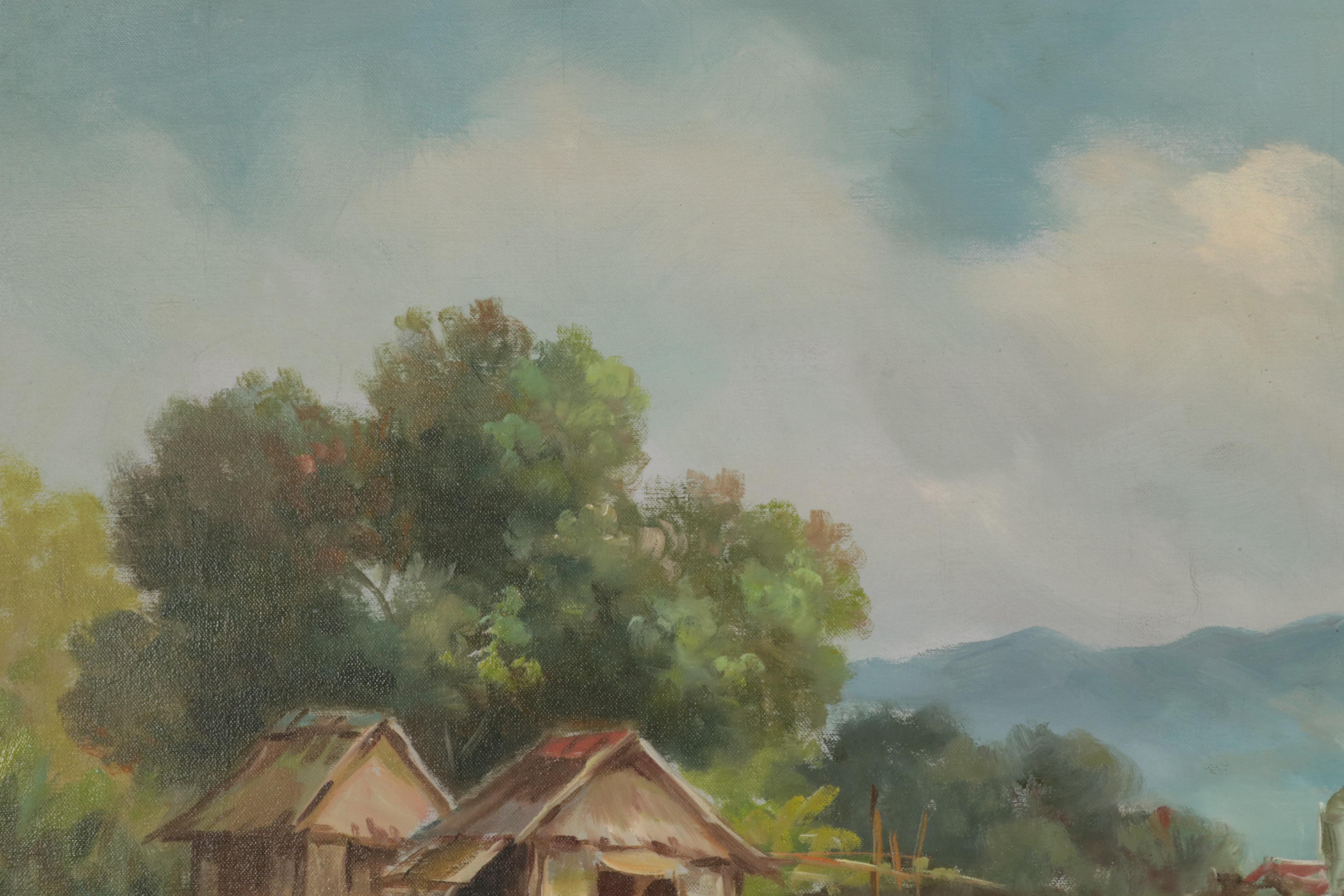 Landscape Oil Painting of Farmers Harvesting Crops, 1984