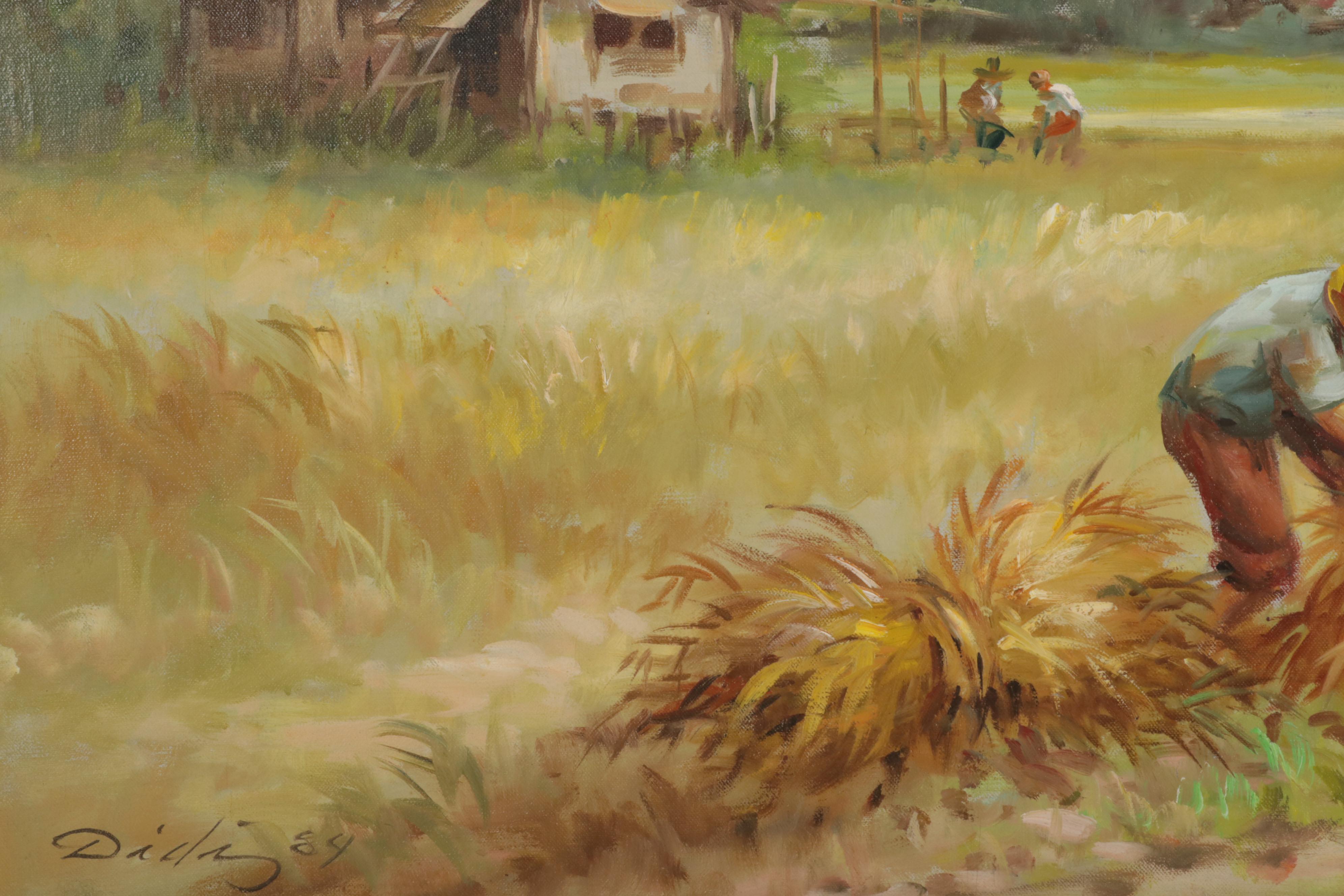 Landscape Oil Painting of Farmers Harvesting Crops, 1984