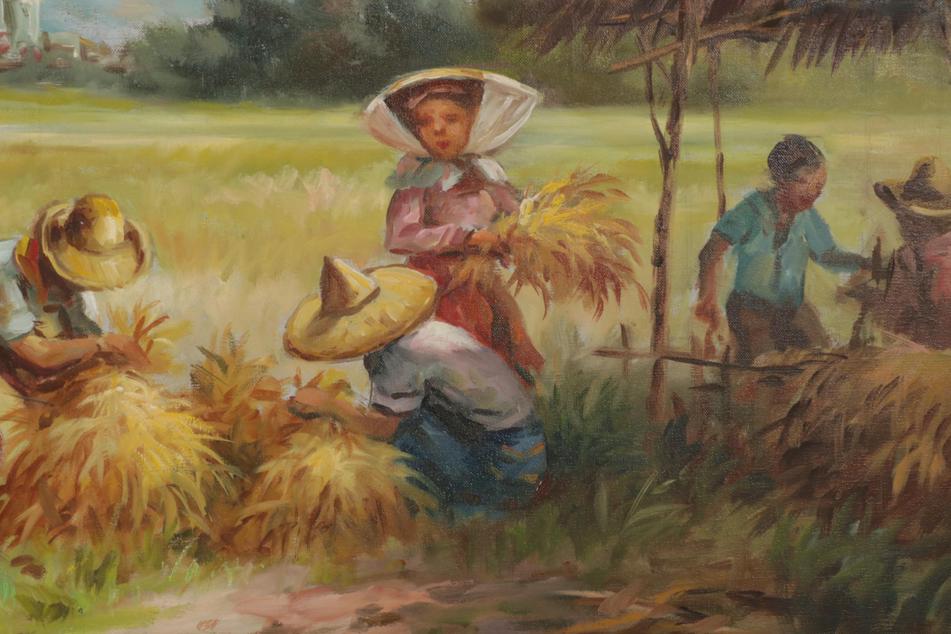 Landscape Oil Painting of Farmers Harvesting Crops, 1984