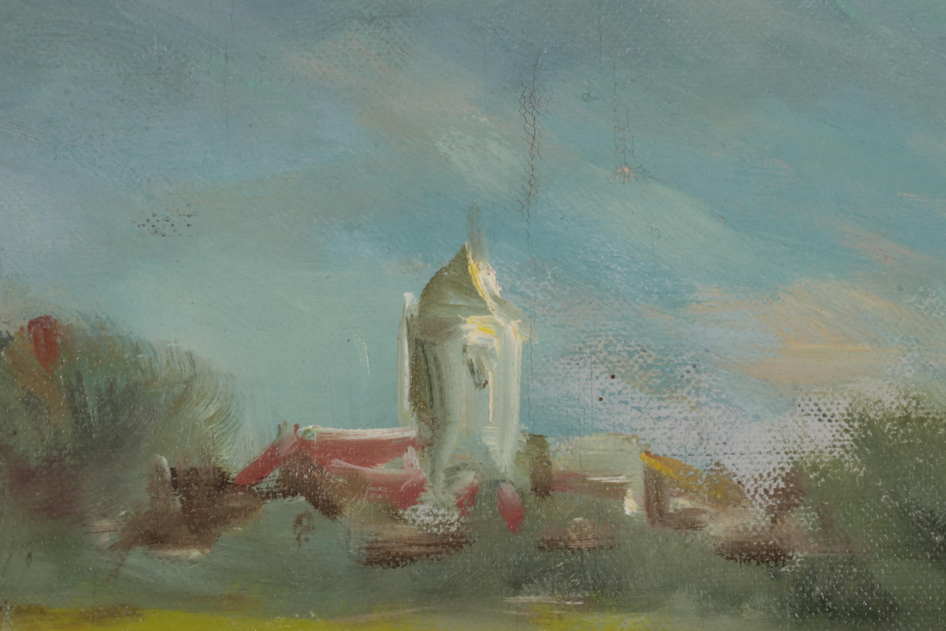 Landscape Oil Painting of Farmers Harvesting Crops, 1984