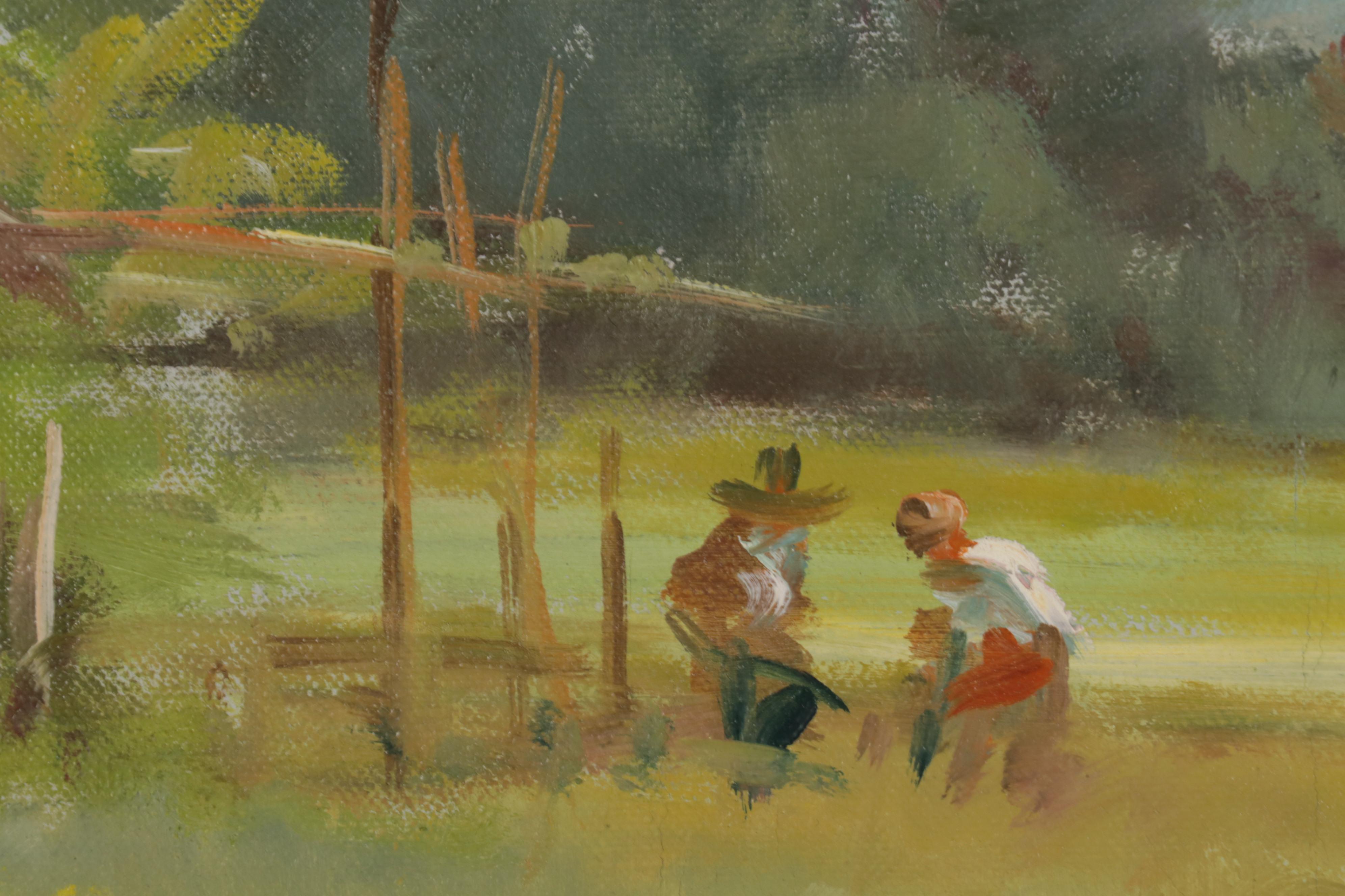 Landscape Oil Painting of Farmers Harvesting Crops, 1984