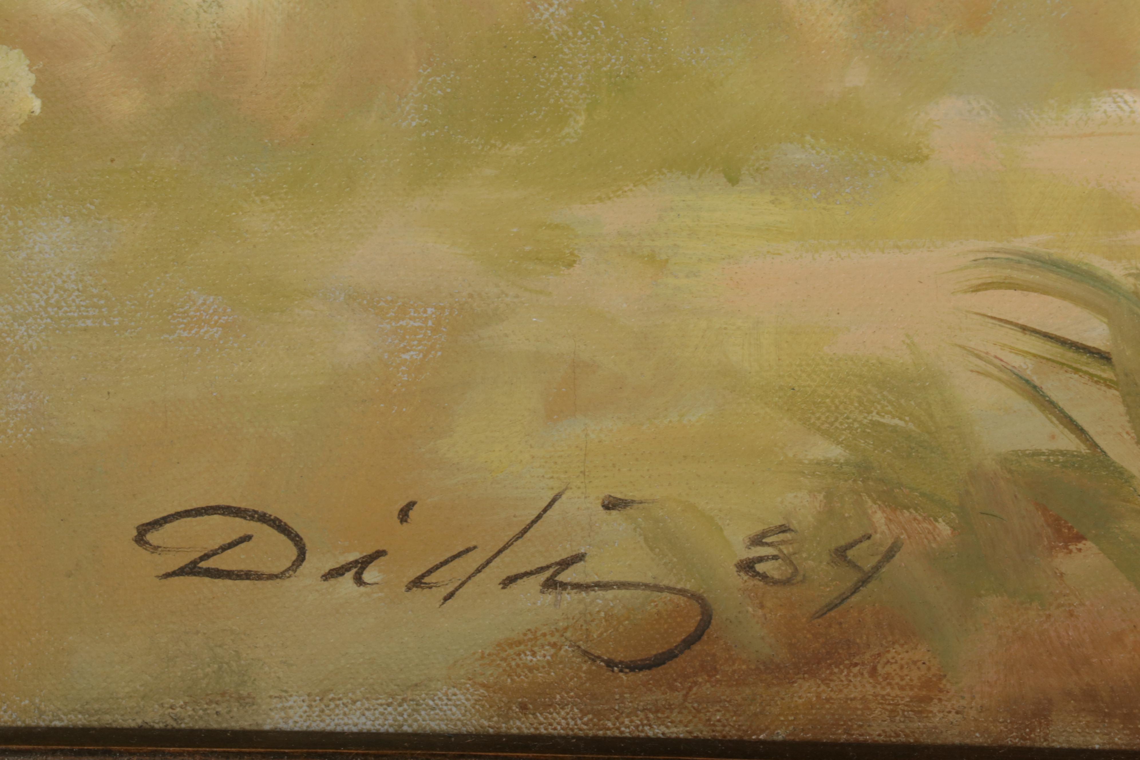 Landscape Oil Painting of Farmers Harvesting Crops, 1984