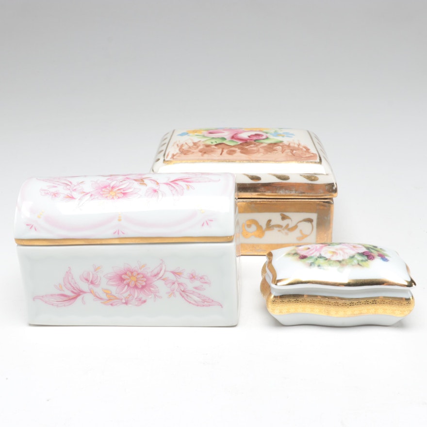 Hand-Painted Floral and Gilt Porcelain Limoges and Other Boxes