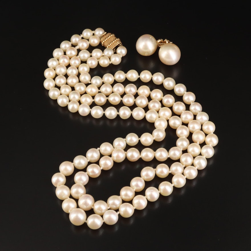 Pearl Graduating Necklace with 18K Clasp and 14K Pearl Stud Earrings