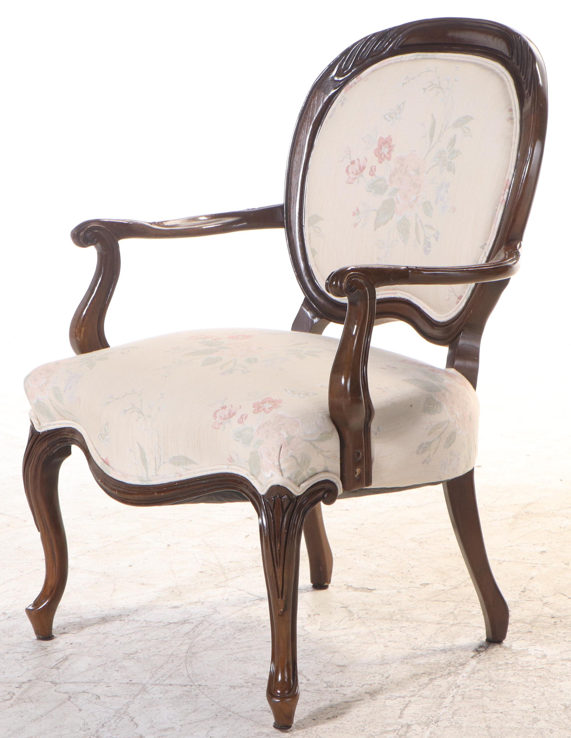 Victorian Style Walnut Armchair and Side Chair with Footstool
