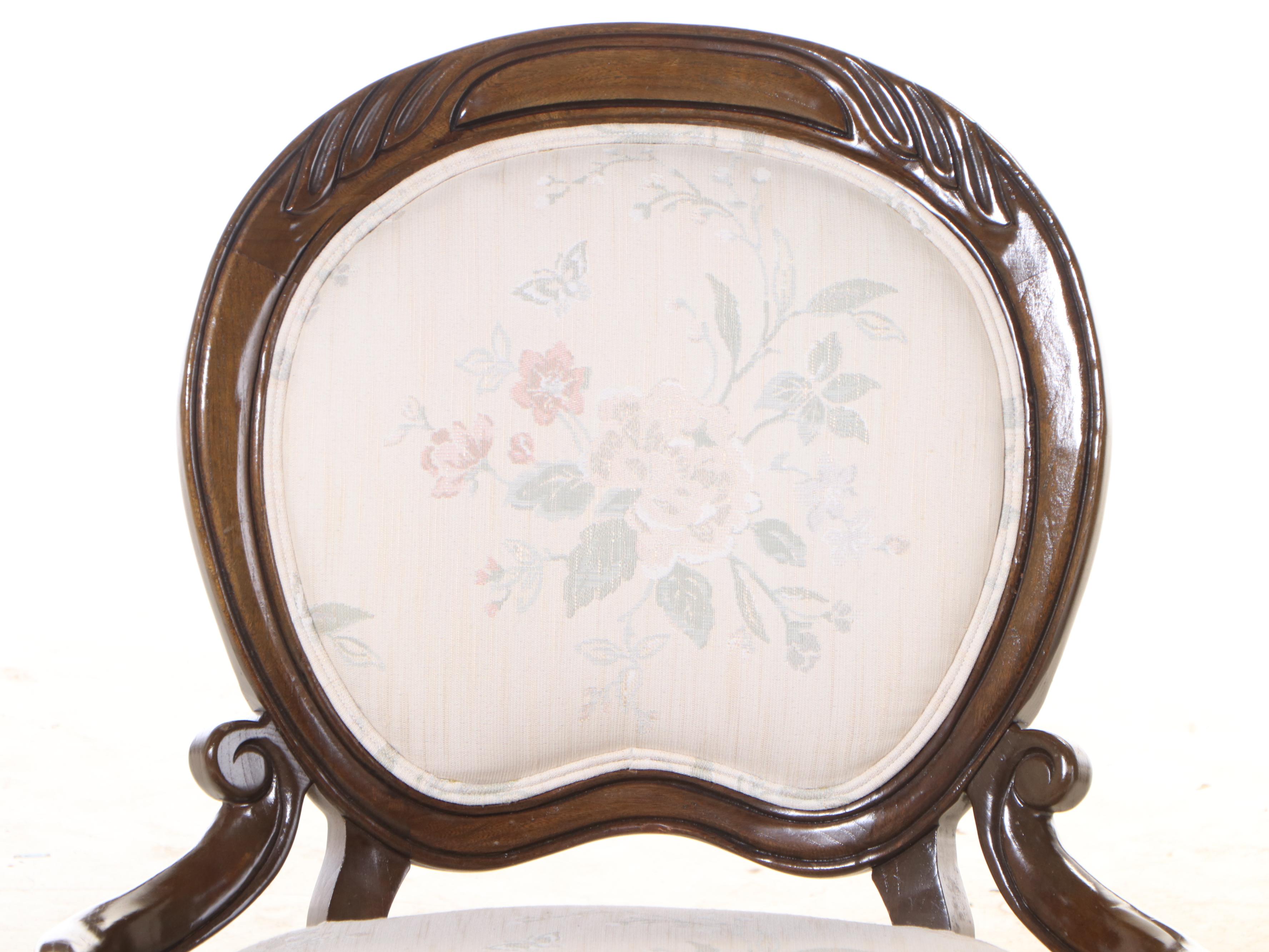 Victorian Style Walnut Armchair and Side Chair with Footstool