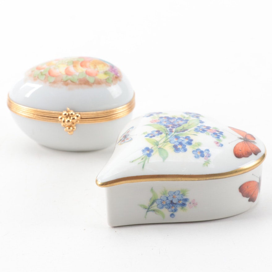 Hand-Painted Limoges Porcelain Egg and Heart Shaped Boxes