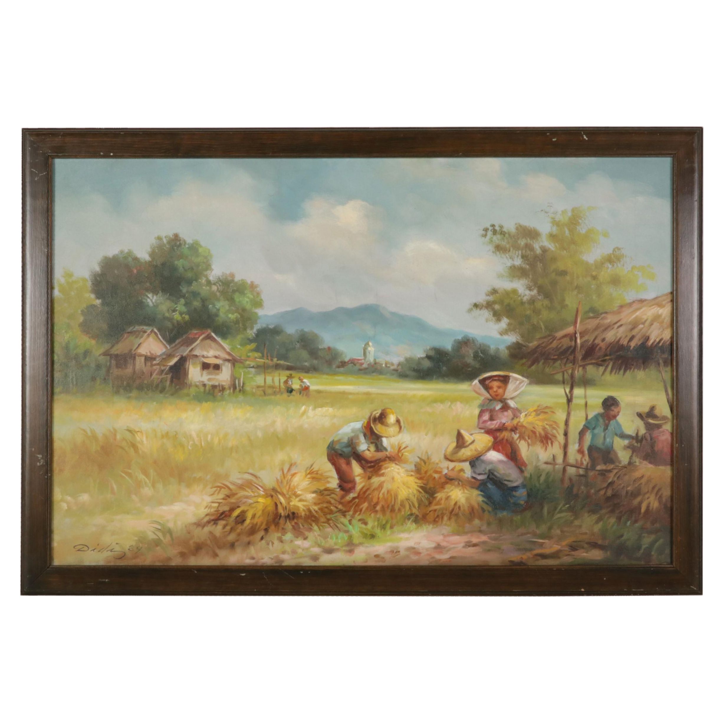 Landscape Oil Painting of Farmers Harvesting Crops, 1984