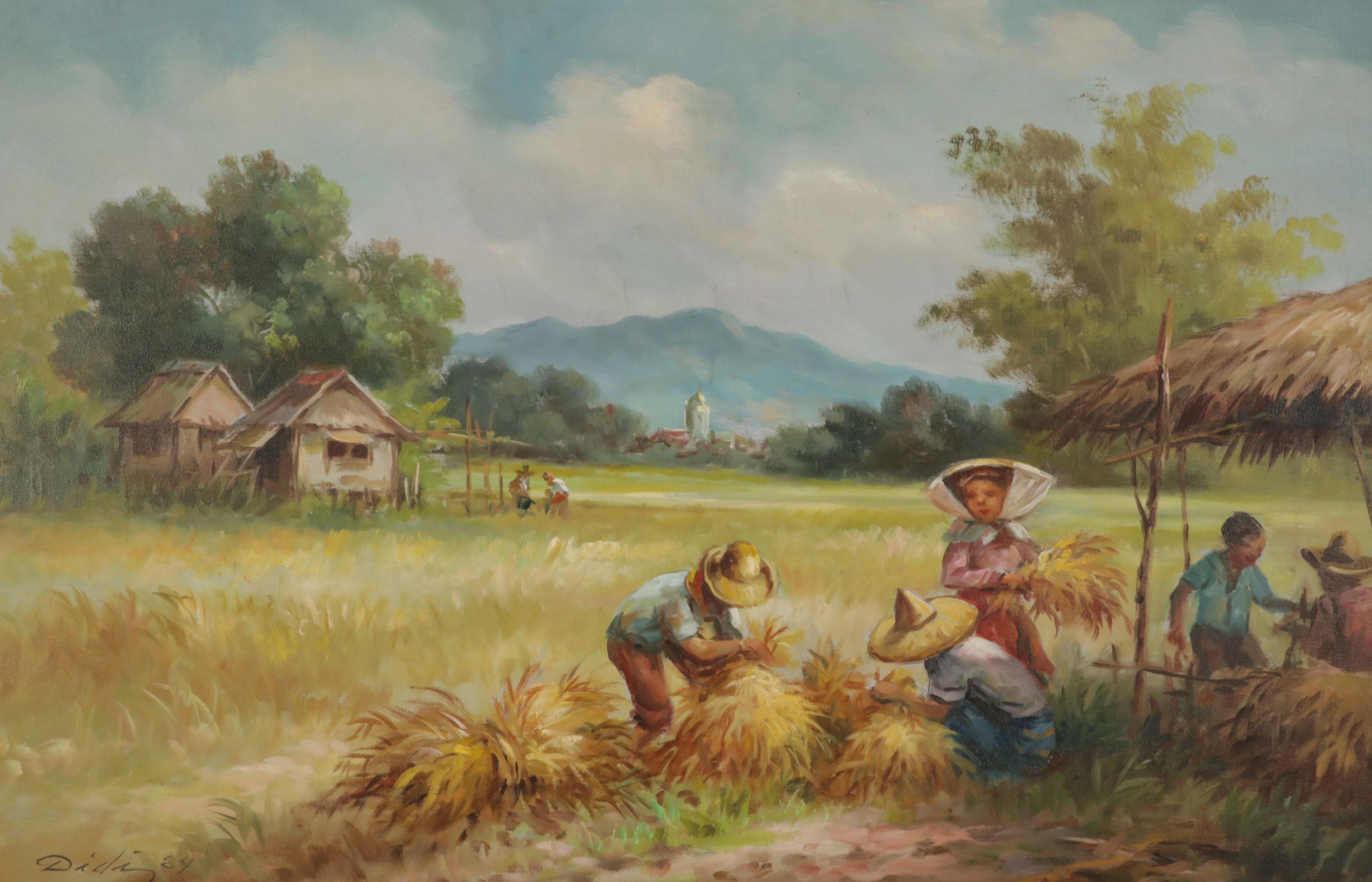 Landscape Oil Painting of Farmers Harvesting Crops, 1984