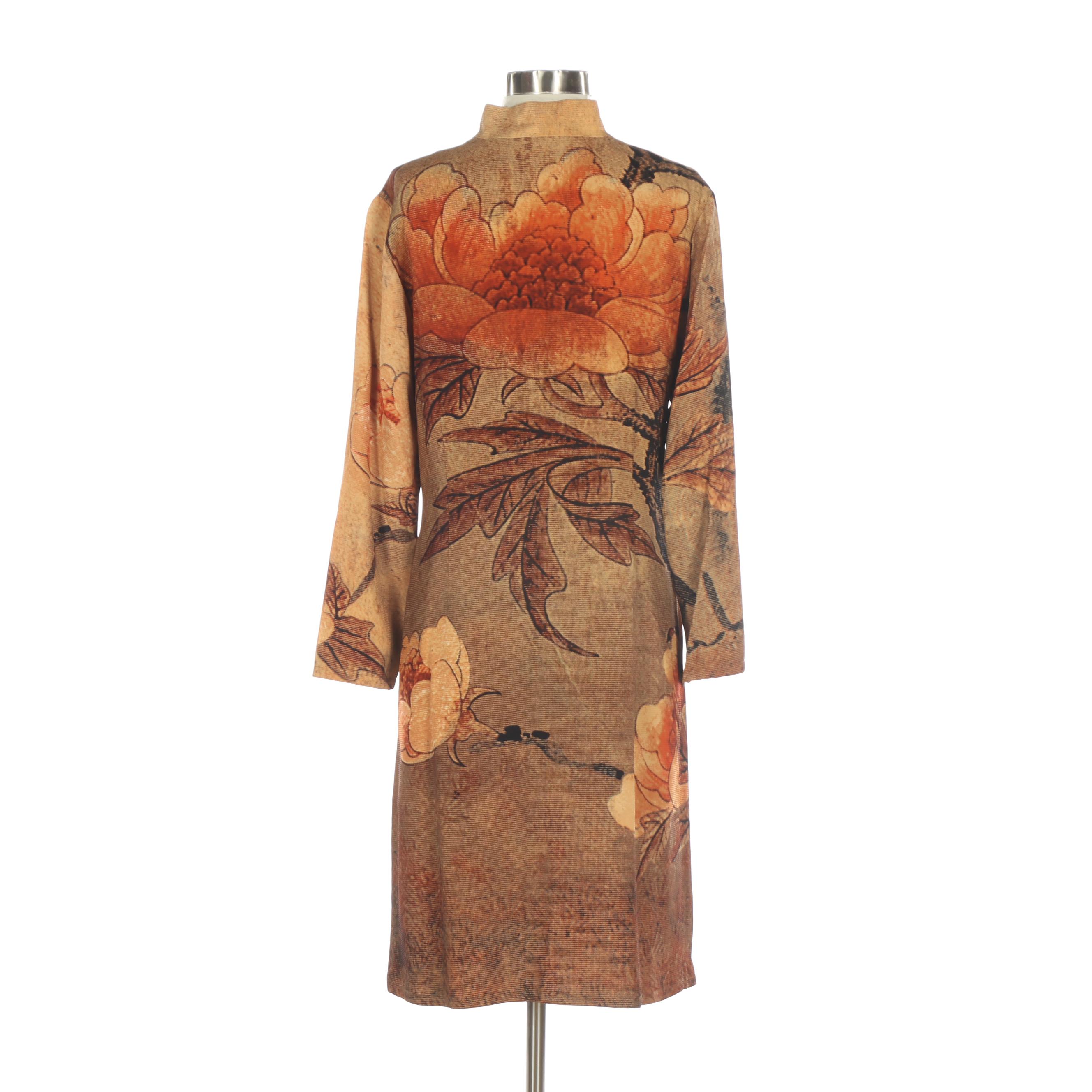 Harari Textured Silk Long Jacket with Mandarin Collar in Peony Print