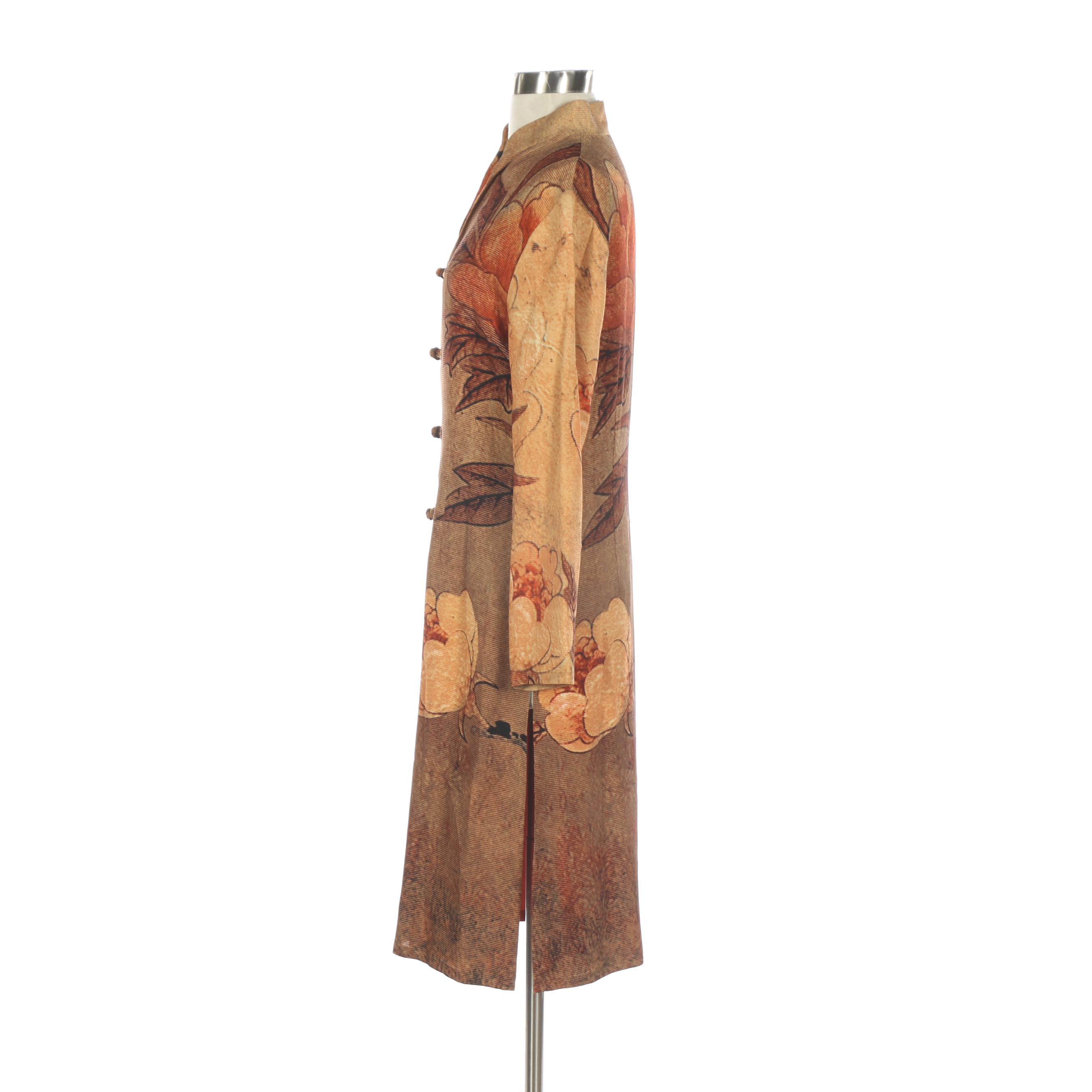 Harari Textured Silk Long Jacket with Mandarin Collar in Peony Print