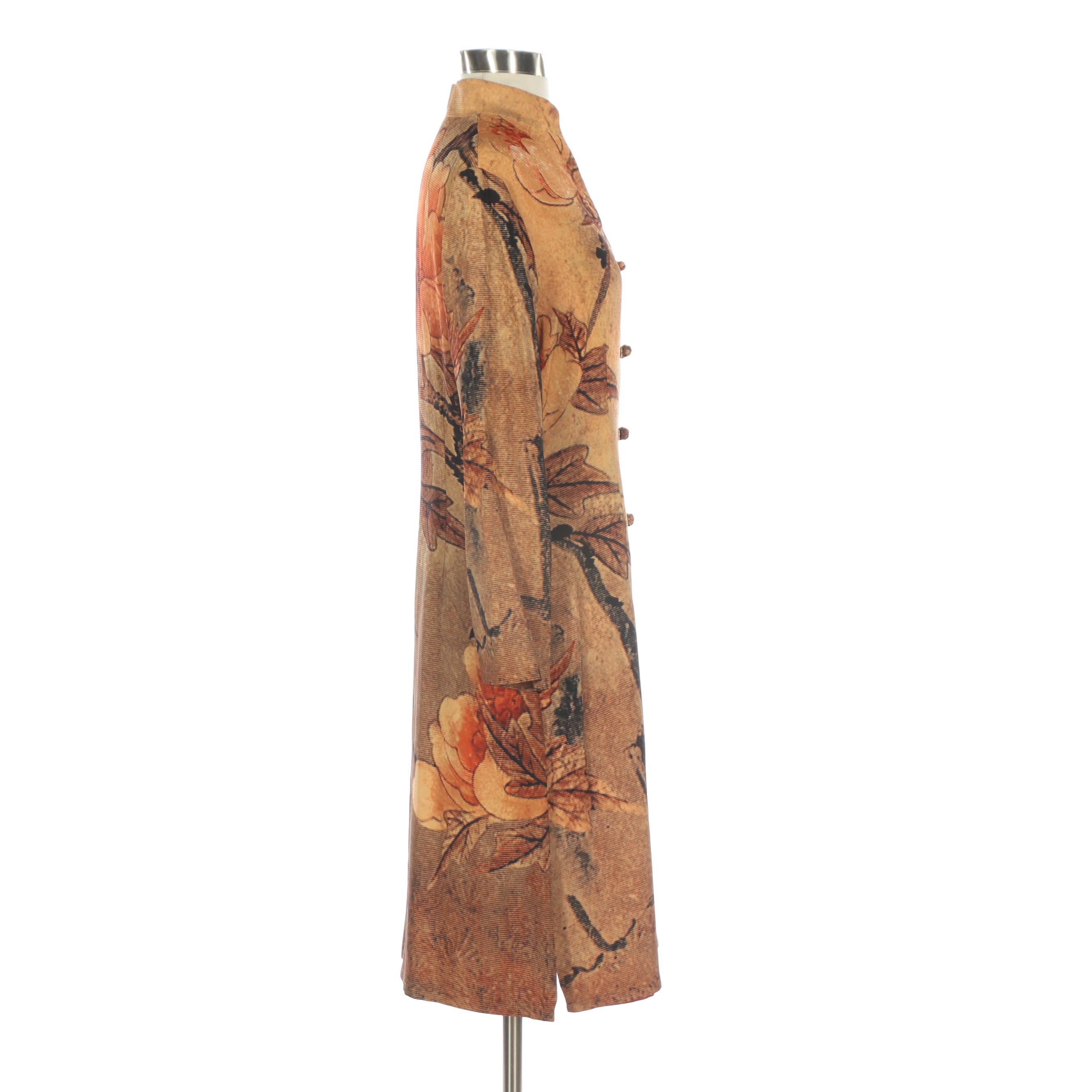 Harari Textured Silk Long Jacket with Mandarin Collar in Peony Print