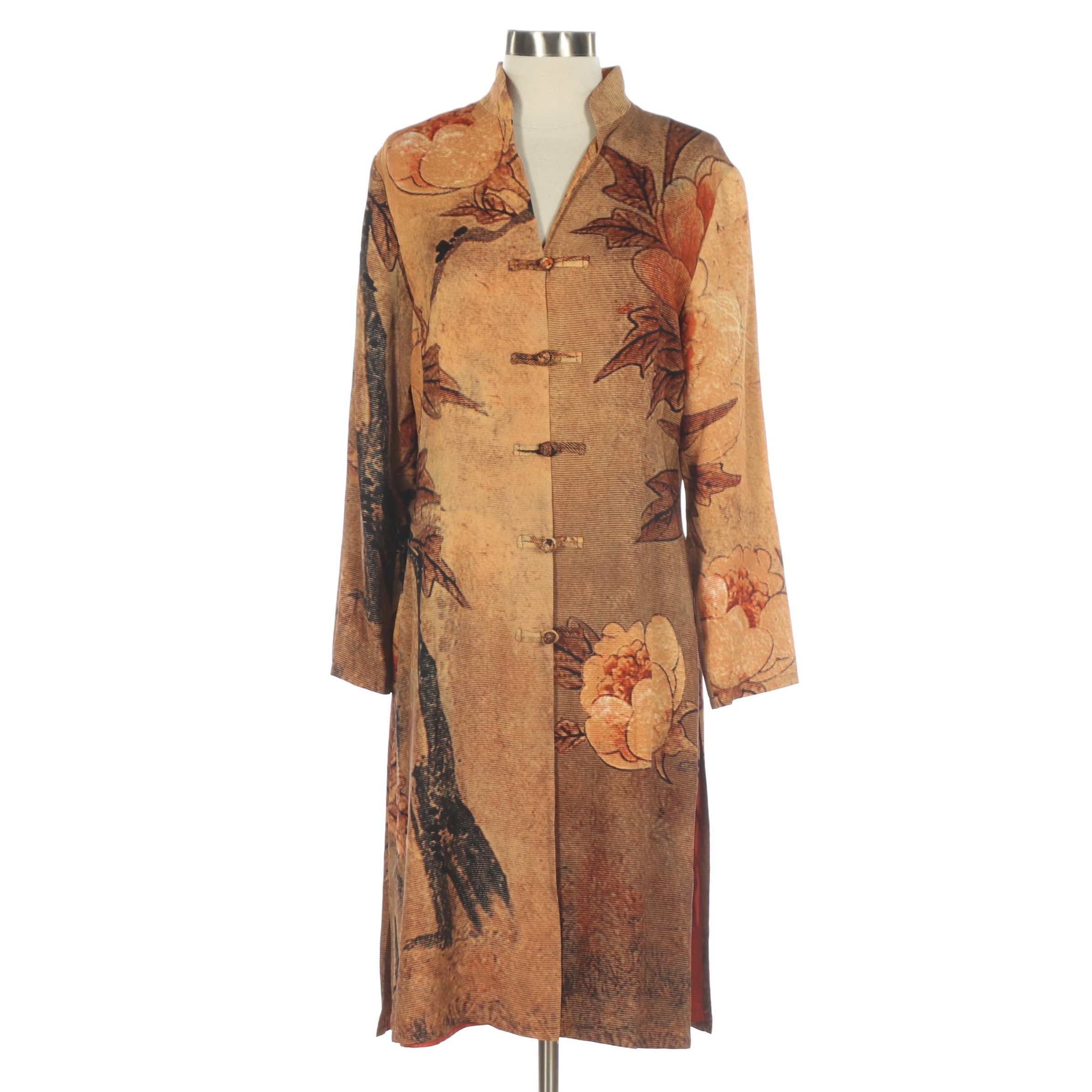 Harari Textured Silk Long Jacket with Mandarin Collar in Peony Print