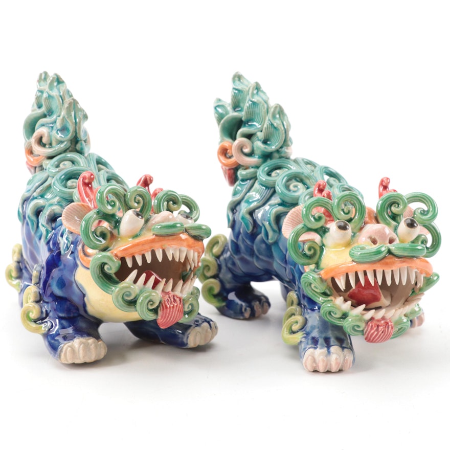 Chinese Polychrome Glazed Earthenware Guardian Lions