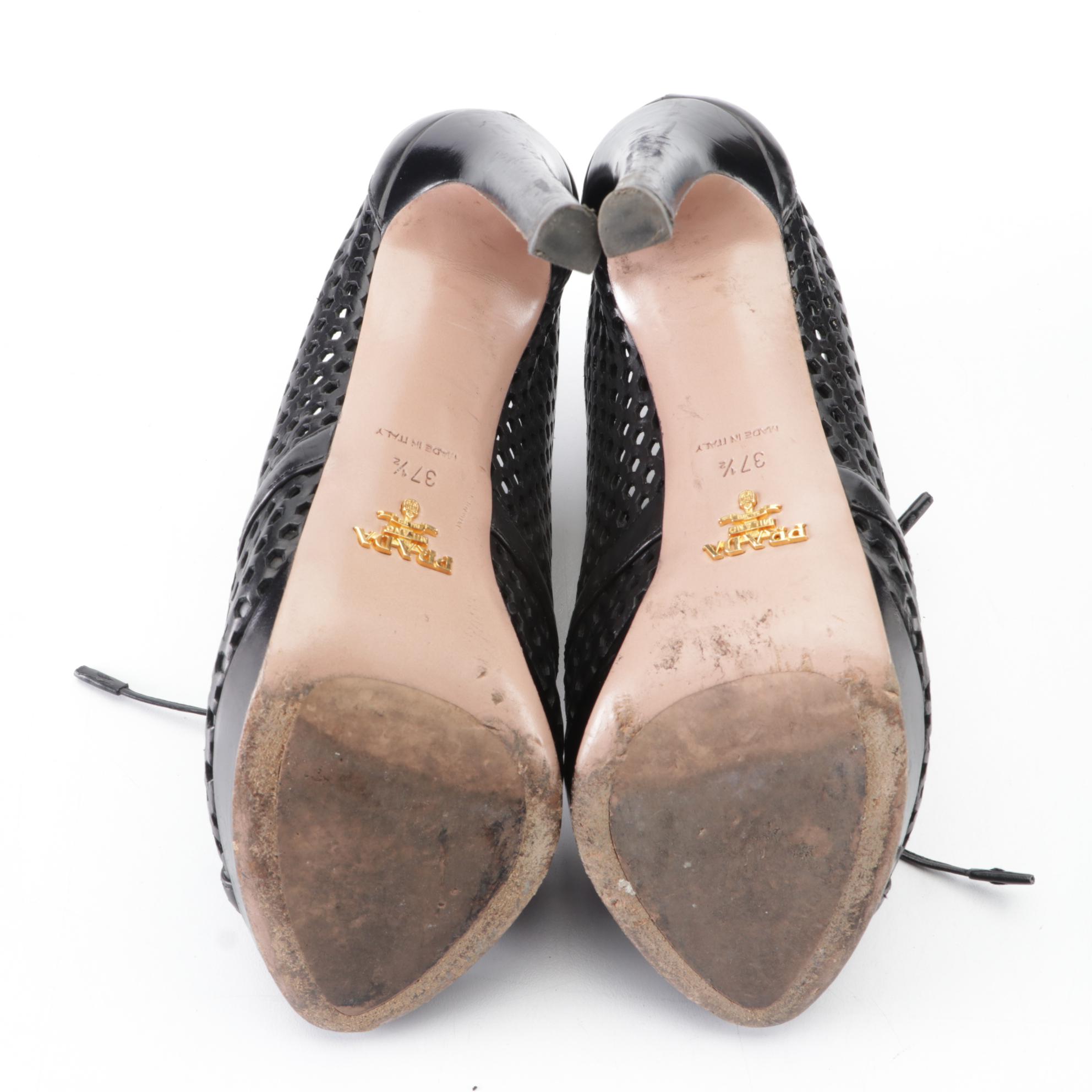 Prada Peep-Toe Platform Oxford Booties in Black Perforated Leather