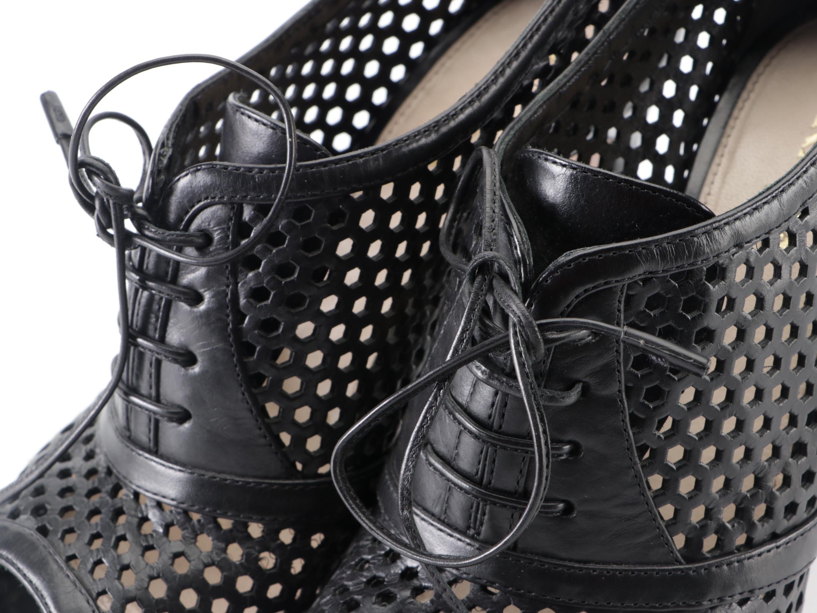 Prada Peep-Toe Platform Oxford Booties in Black Perforated Leather