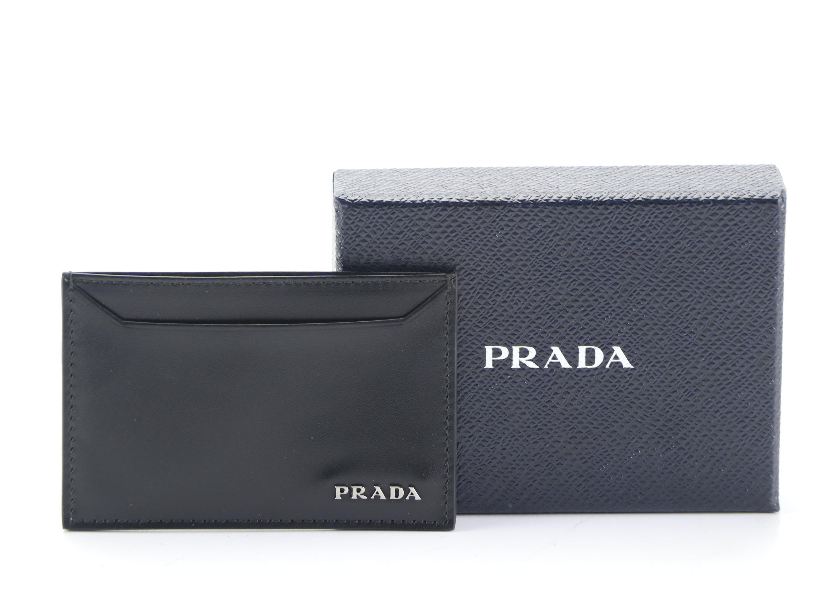 Prada Card Holder in Black Calfskin Leather with Box