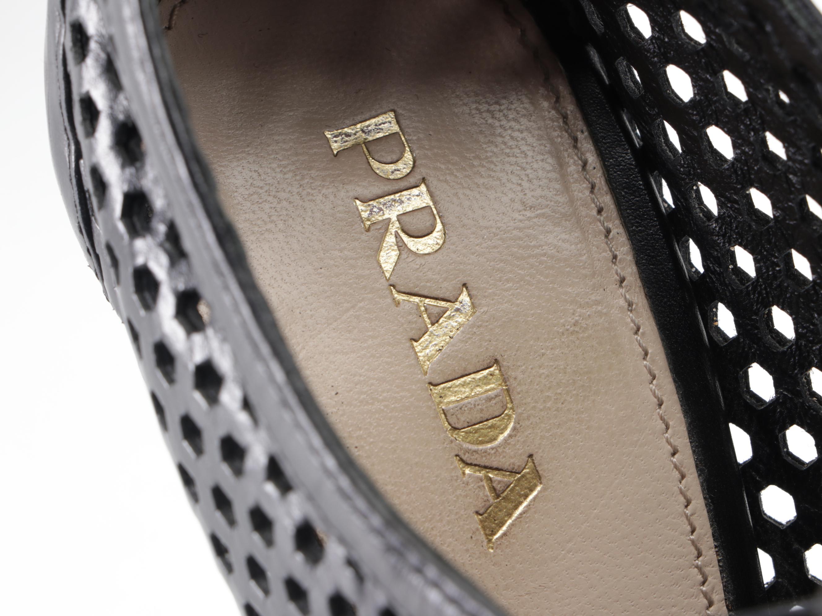 Prada Peep-Toe Platform Oxford Booties in Black Perforated Leather