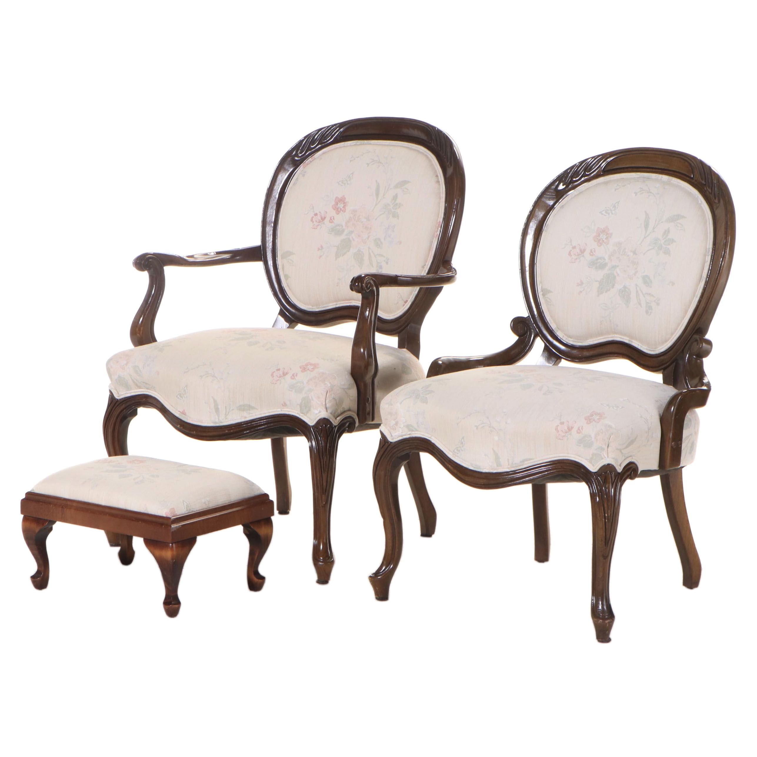 Victorian Style Walnut Armchair and Side Chair with Footstool