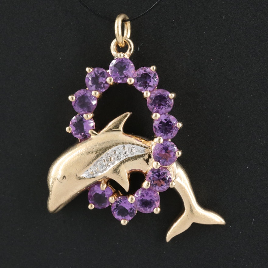 10K Amethyst and Diamond Dolphin Pendant