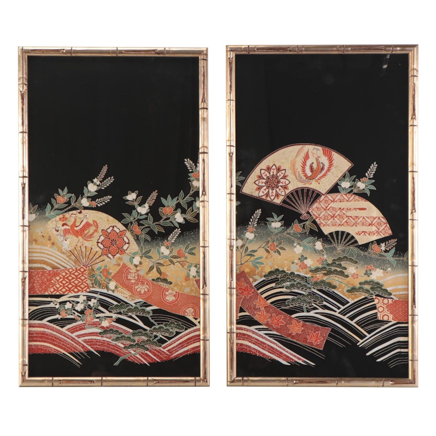 Pair of Japanese Silk Kimono Panel Silkscreens in Frames, Mid to Late 20th C