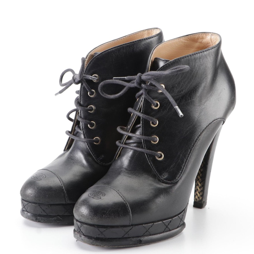 Chanel CC Cap-Toe Platform Lace-Up Booties in Black Lambskin Leather with Box
