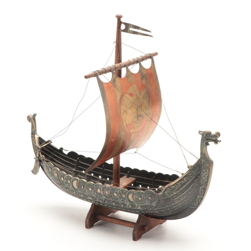 Norwegian Style Brass and Copper Model of a Viking Ship