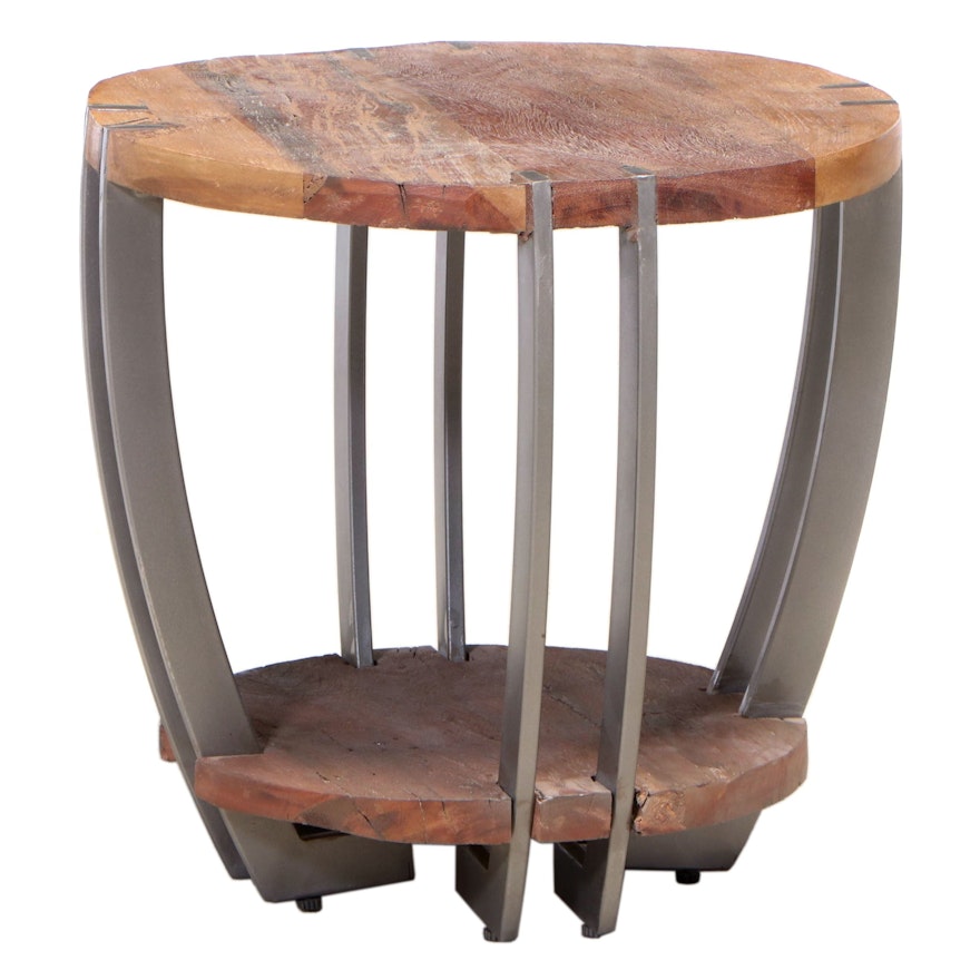 Modernist Style Metal and Acacia Wood Drum Side Table