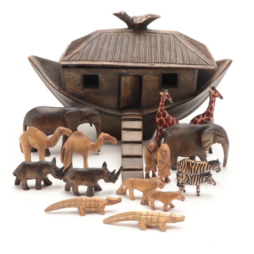 African Carved Jacaranda Wood Noah's Ark with Animals