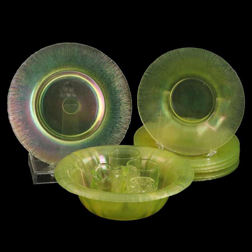 Art Deco Uranium Stretched Glass Bowl and Plates with Other Toothpick Holders