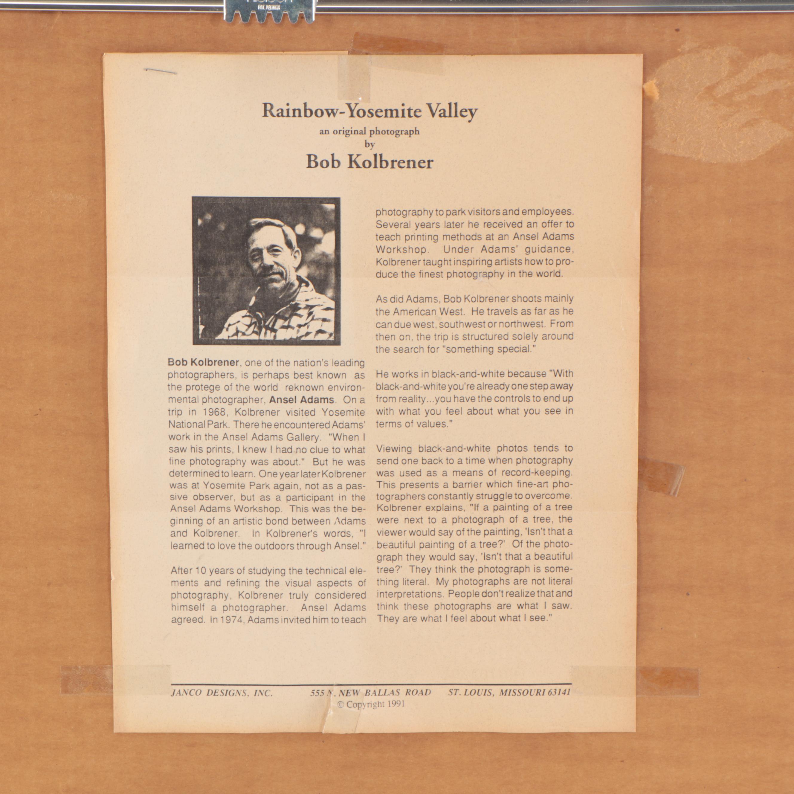 Bob Kolbrener Silver Gelatin Photograph "Rainbow - Yosemite Valley"