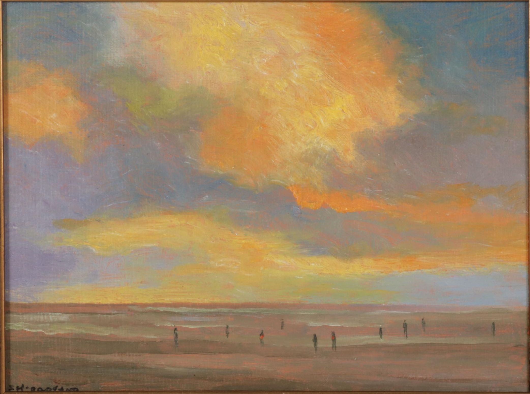 Sulmaz Radvand Seascape Oil Painting of Distant Figures on Coastal Beach, 2022