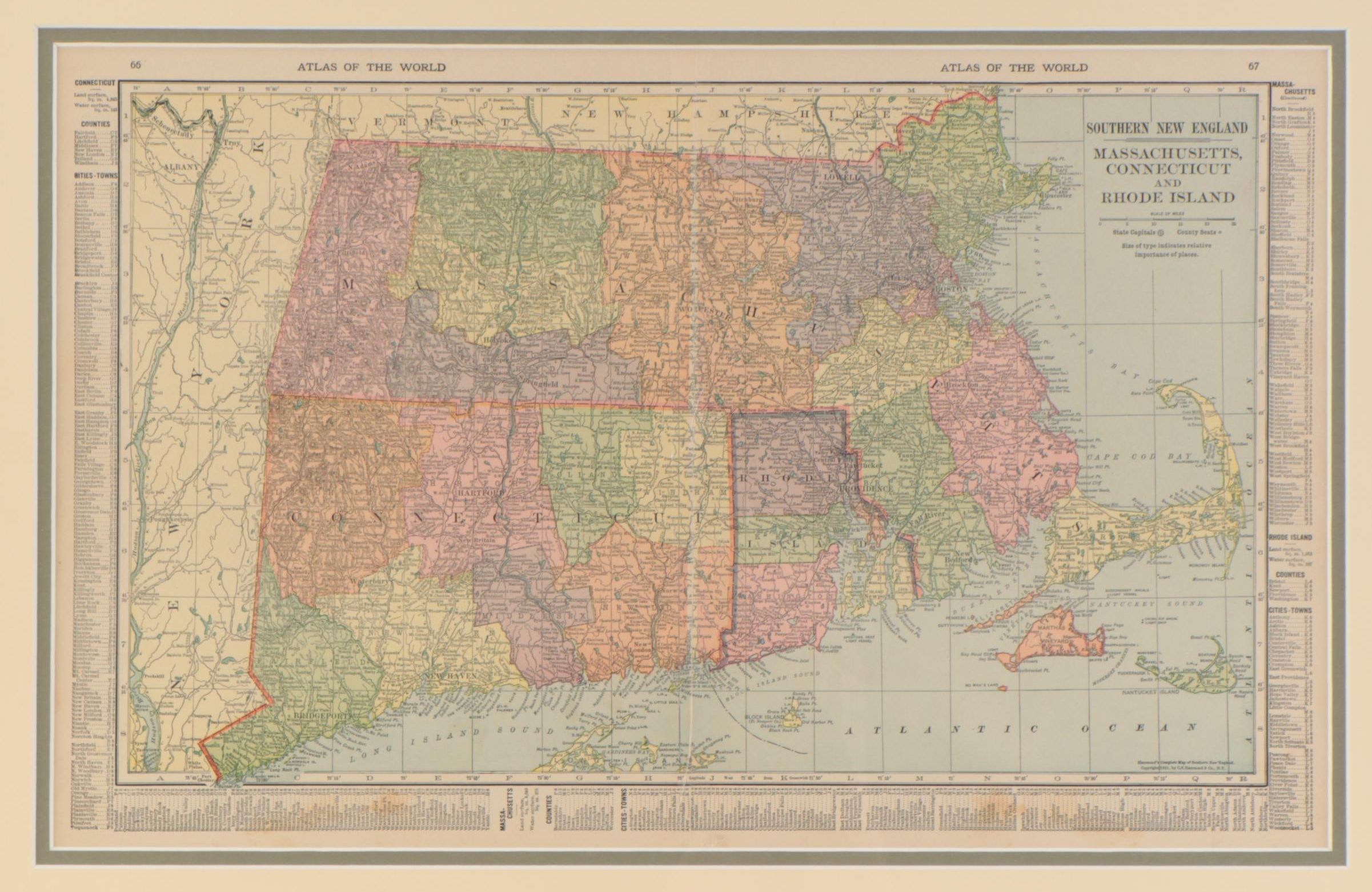 C. S. Hammond & Co. Wax Engraving Map of Southern New England, circa 1910