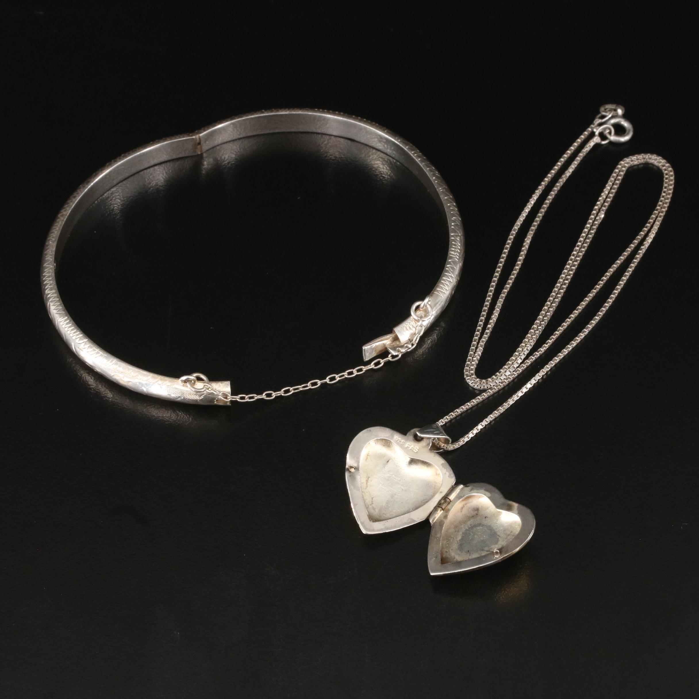 Sterling Heart Locket Necklace and Hinged Bangle