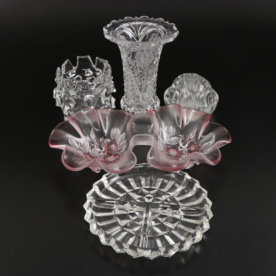 Pressed and Blown Glass Vase, Flower Frog, Candle Holder and Serving Dishes