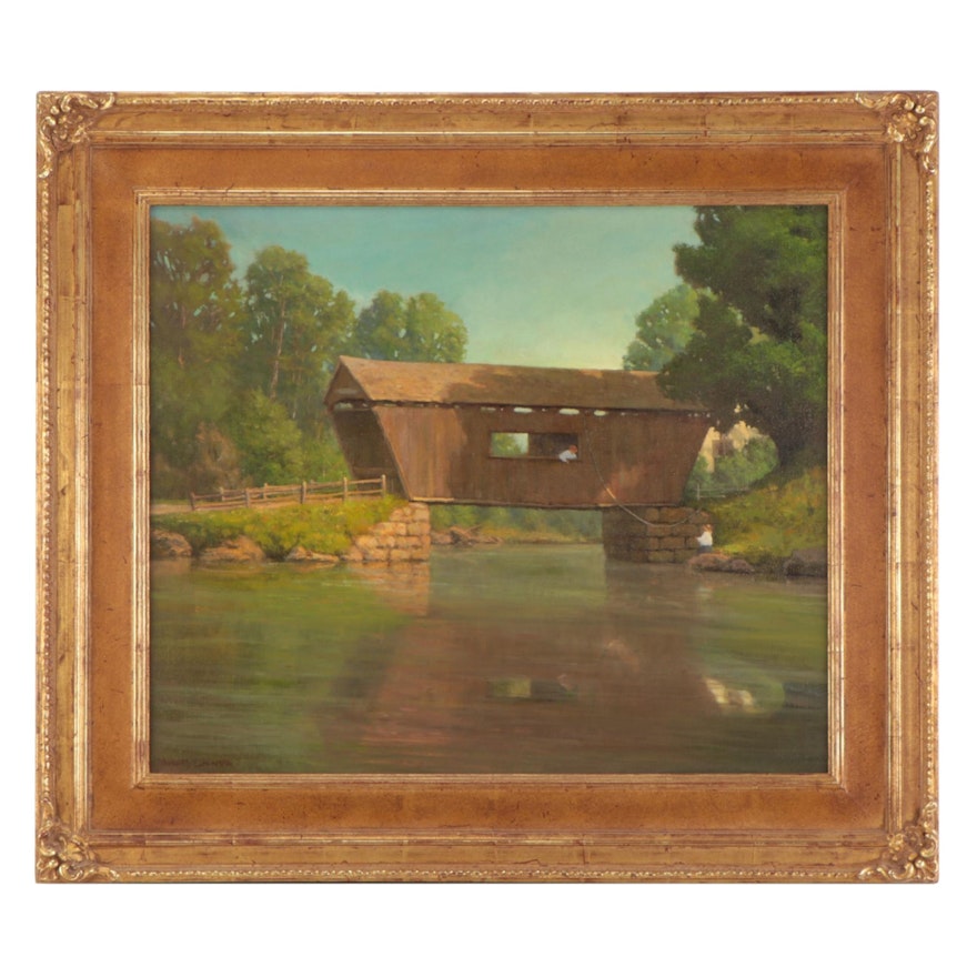 Douglas Flackman Oil Painting of a Covered Bridge