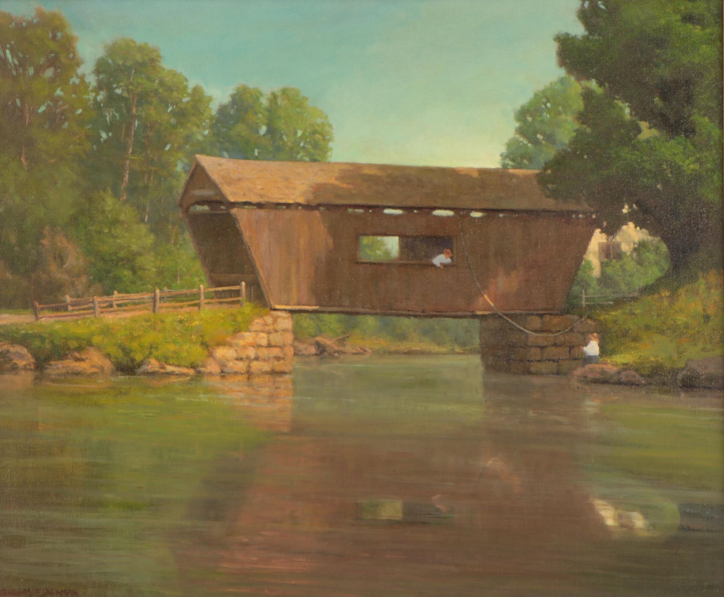 Douglas Flackman Oil Painting of a Covered Bridge