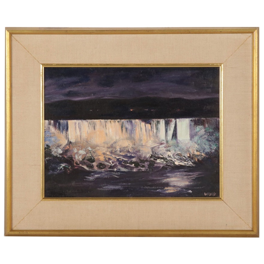 Landscape Oil Painting "Waterfall at Night," Mid-Late 20th Century