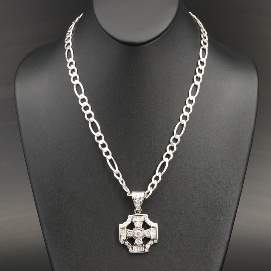 Sterling Cubic Zirconia Pendant on Italian Sterling Figaro Chain