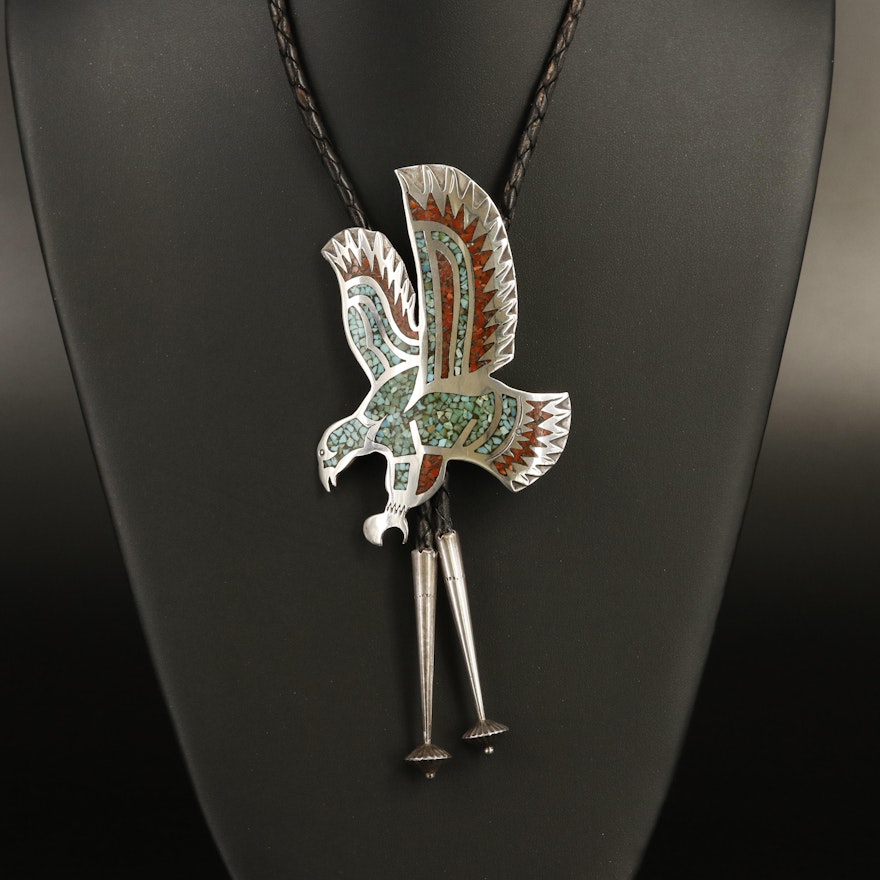 Western Sterling Stone Inlay Eagle Pendant Bolo Tie Necklace