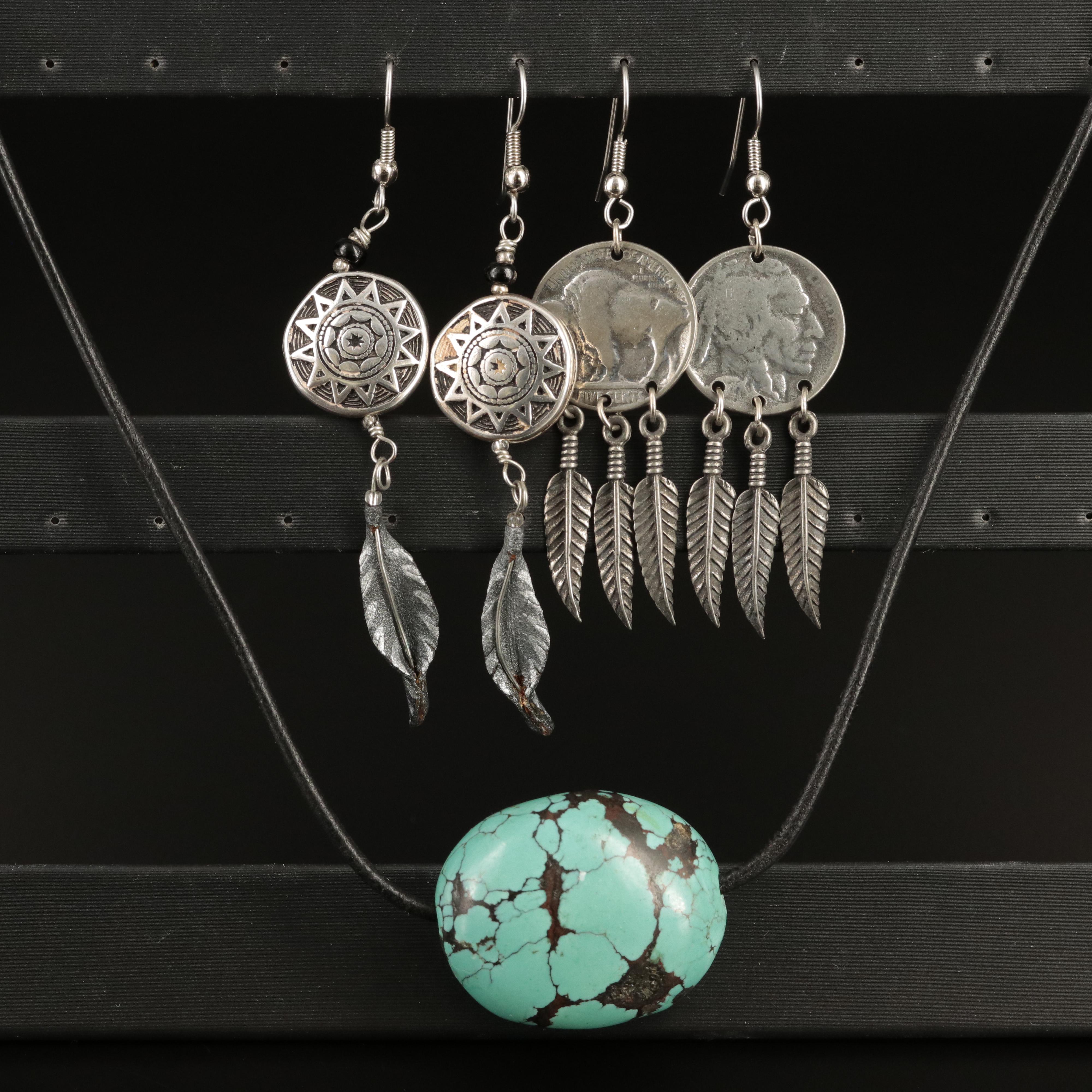 Desert Rose Trading Turquoise Necklace with Feather Motif Drop Earrings