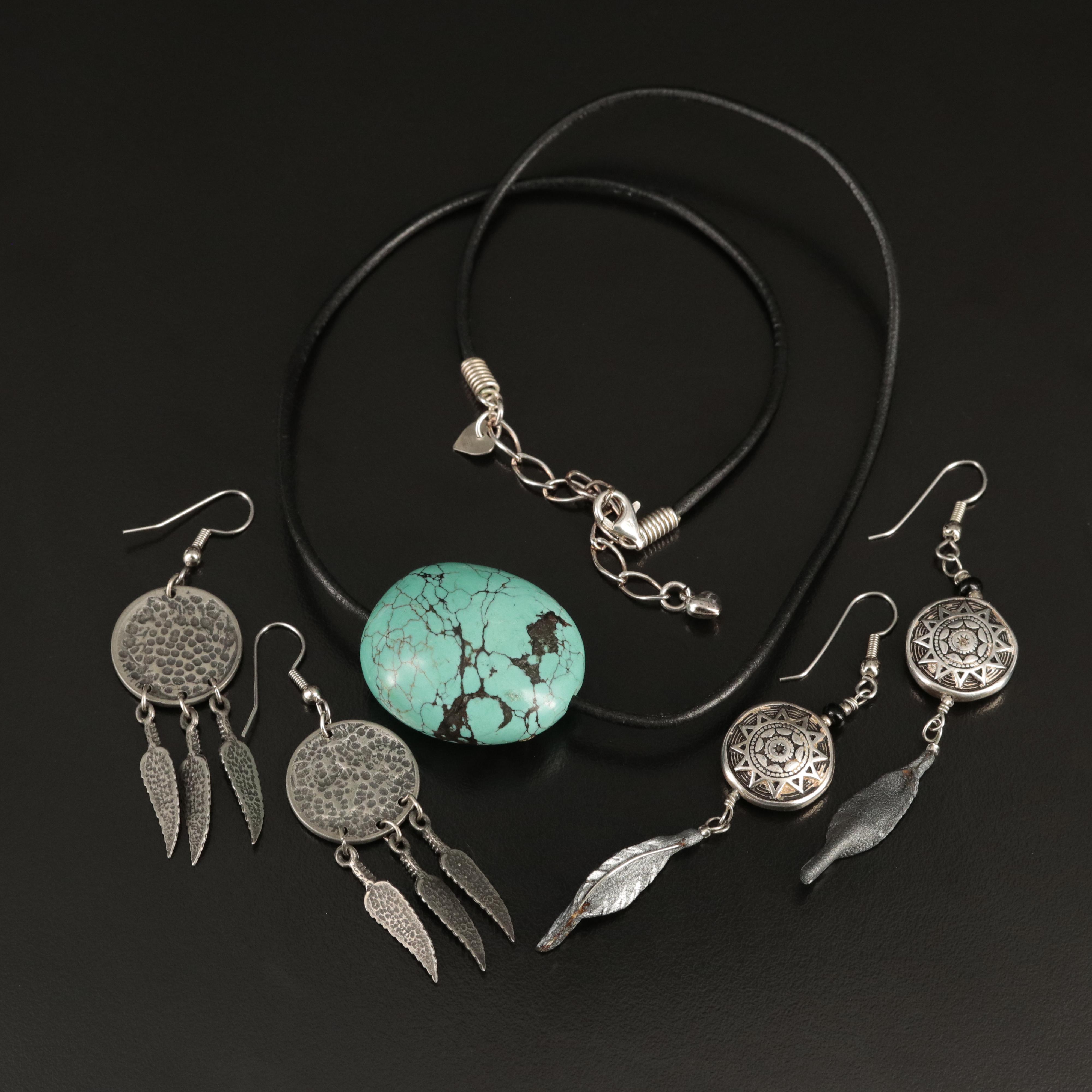 Desert Rose Trading Turquoise Necklace with Feather Motif Drop Earrings