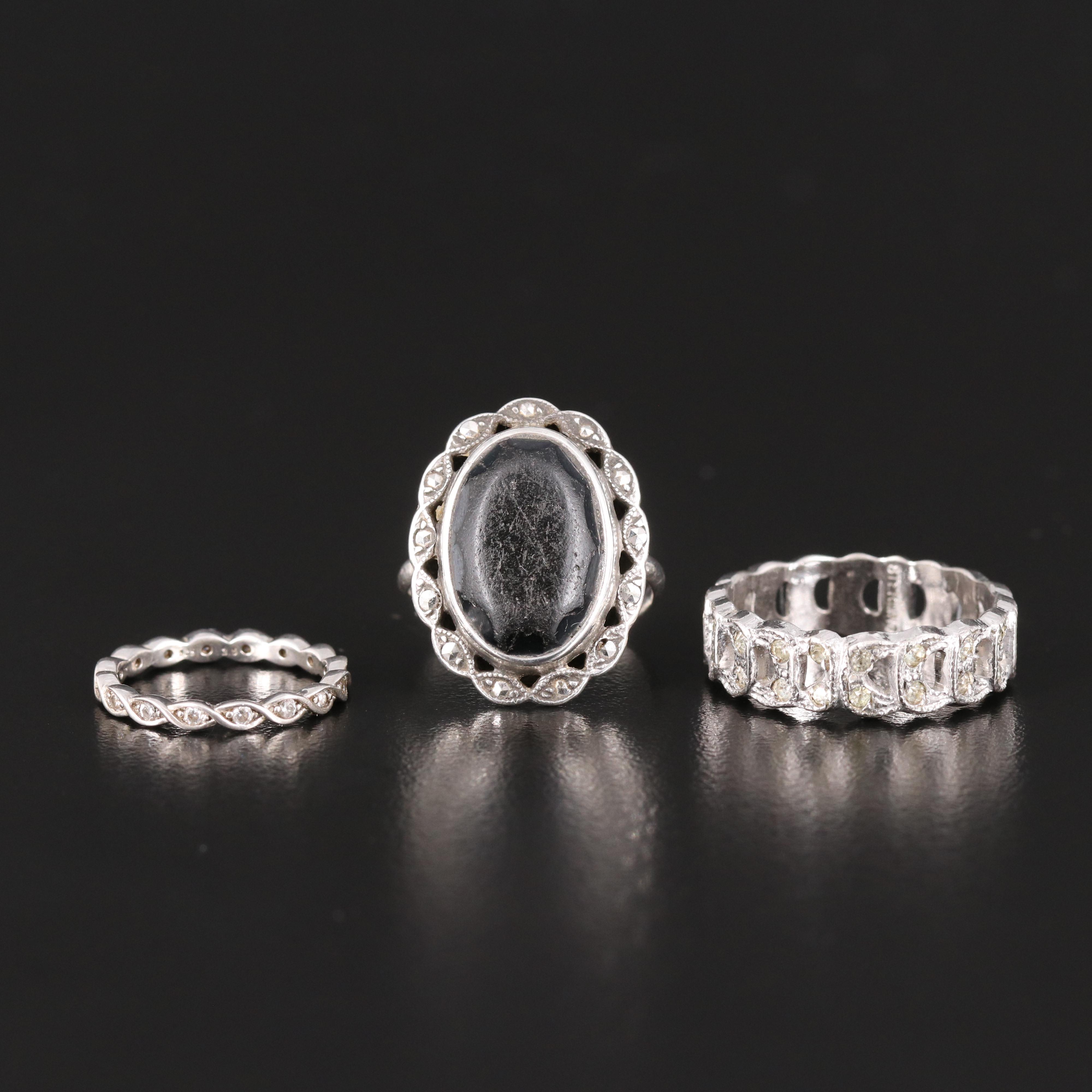 Sterling Rings with Faux Black Onyx, Cubic Zirconia and Rhinestones