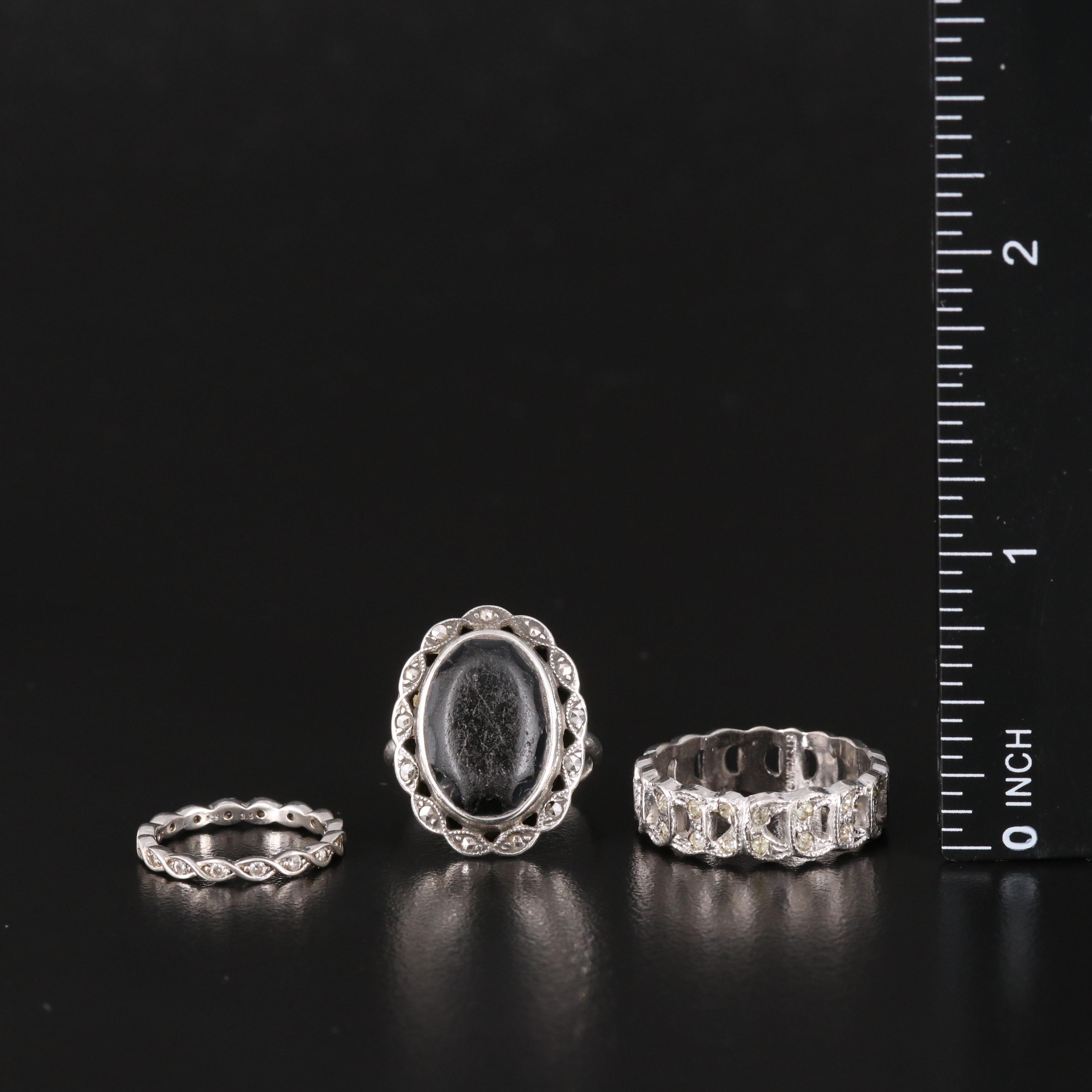 Sterling Rings with Faux Black Onyx, Cubic Zirconia and Rhinestones