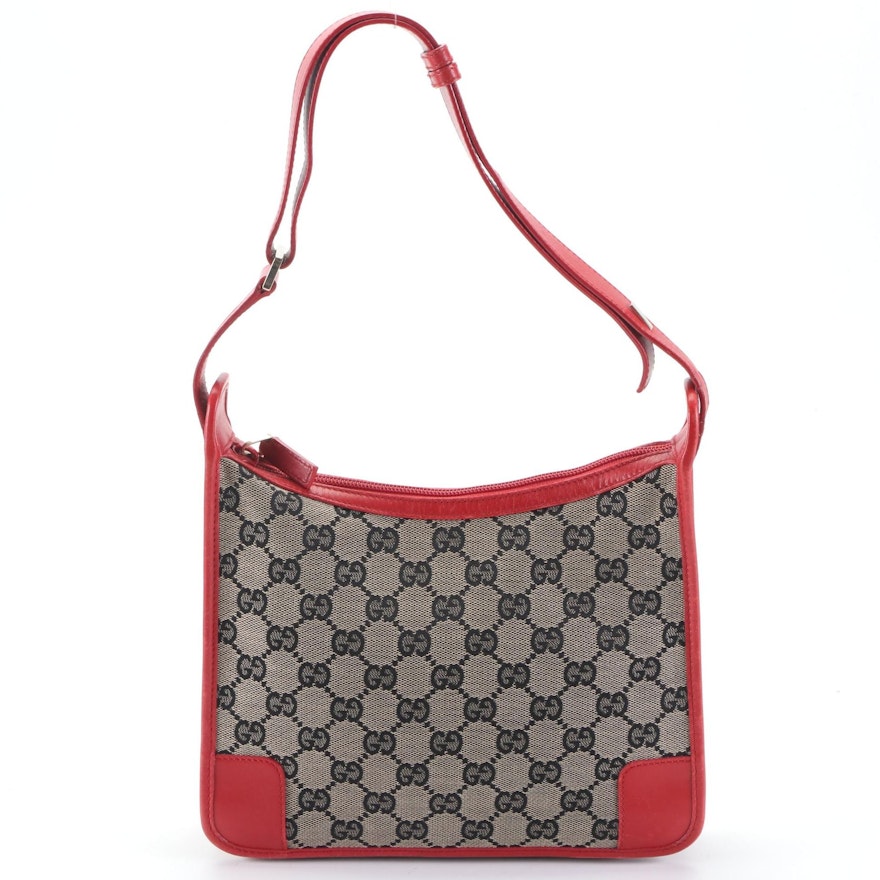 Gucci Shoulder Bag in GG Canvas and Red Leather