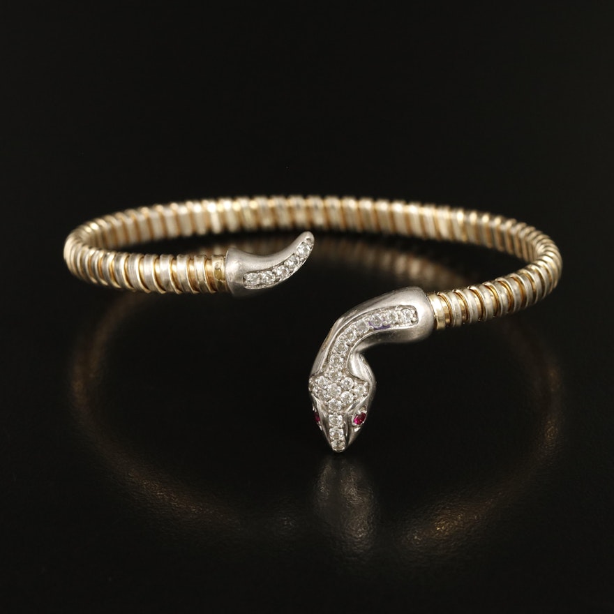 Italian Sterling Ruby and Cubic Zirconia Snake Cuff