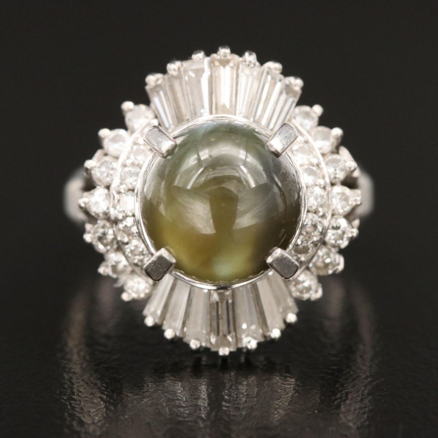 Platinum 8.75 CT Cat's Eye Chrysoberyl and 1.32 CTW Diamond with GIA Report